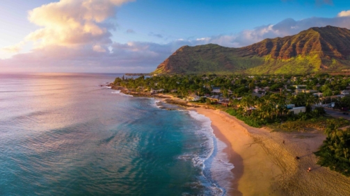 Aerial panorama of the West coast of Oahu, area of Papaoneone beach. Hawaii, USA