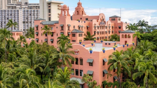 Honolulu, Hawaii - January 1, 2022: View of the Royal Hawaiian Hotel in Waikiki.